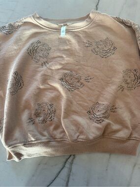 Rylee + Cru Lightweight Crewneck Sweater in Light Tan with Tiger Print